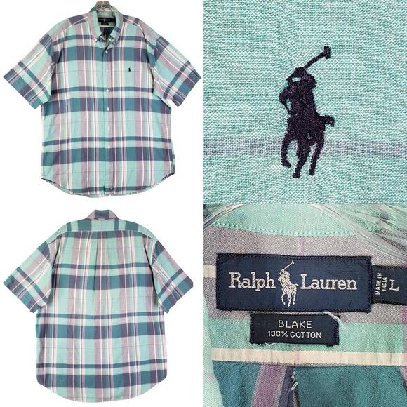 Polo Ralph Lauren Shirt Oxford Mens L Short Sleeve Teal Plaid Button Down Blake - Picture 1 of 11